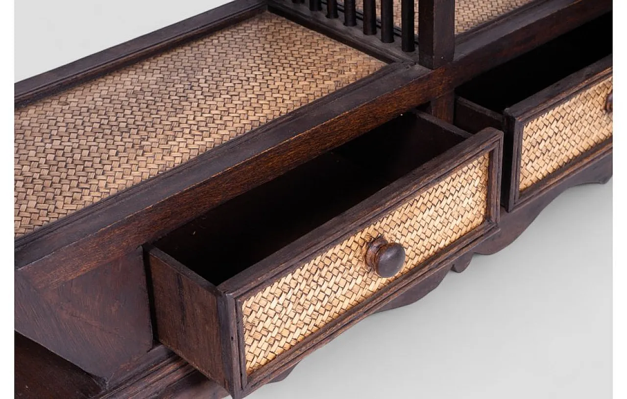 Cabinet in acacia wood and rattan with shelves and drawers, 1960s 8