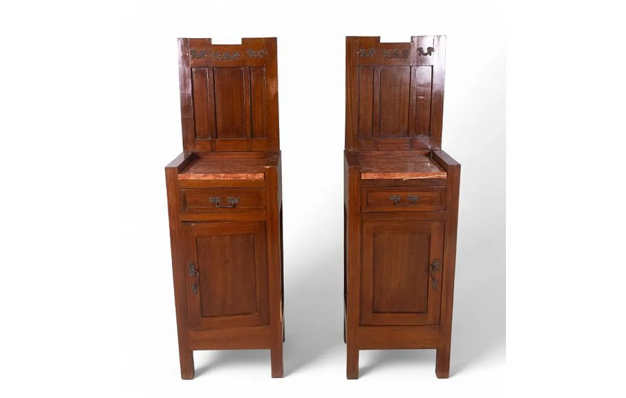 Pair of wooden mightstands with red marble top, 20th century 1