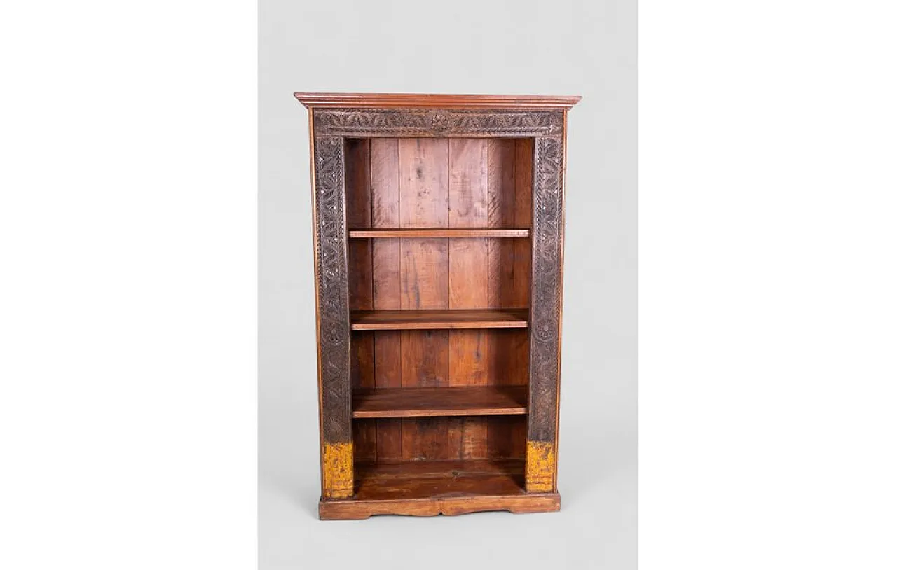 Indian teak wood bookshelf with decorative carvings, 1950s 2
