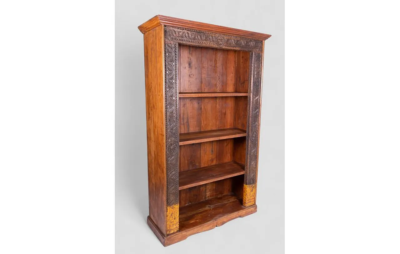 Indian teak wood bookshelf with decorative carvings, 1950s 3
