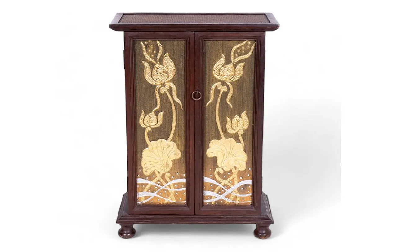 Thai cabinet in acacia wood with rattan inserts, 1960s 1