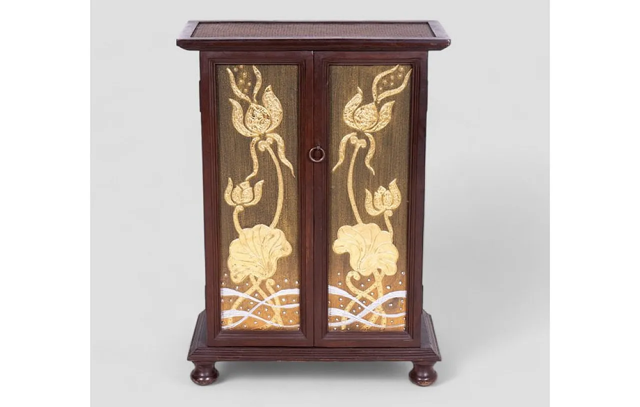 Thai cabinet in acacia wood with rattan inserts, 1960s 2