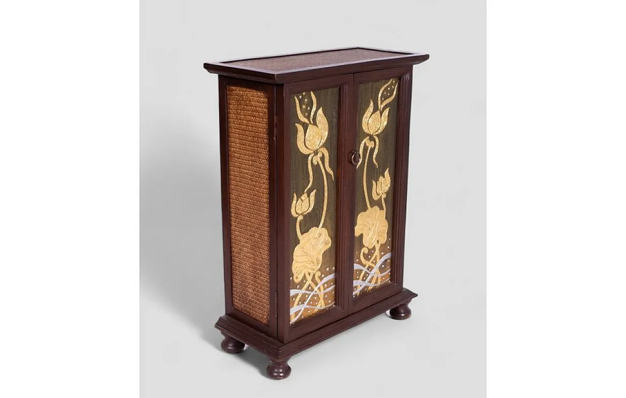 Thai cabinet in acacia wood with rattan inserts, 1960s 3