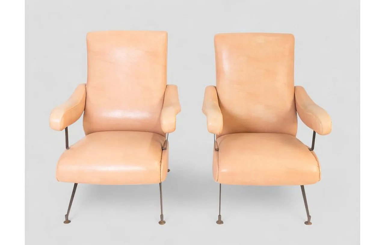 Pair of reclining armchairs in light leather with metal frame, 1960s 2