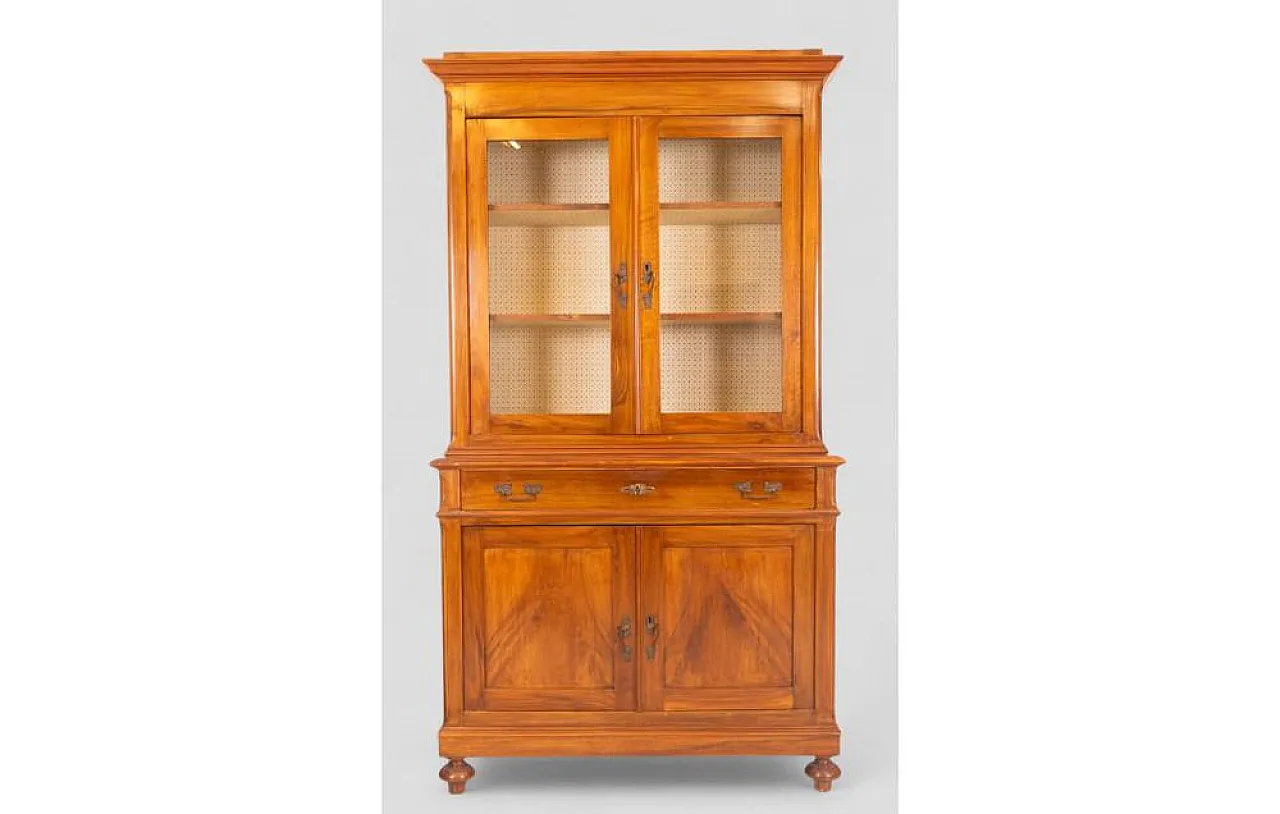 Wood cabinet with hutch and glass doors, 1980s 2