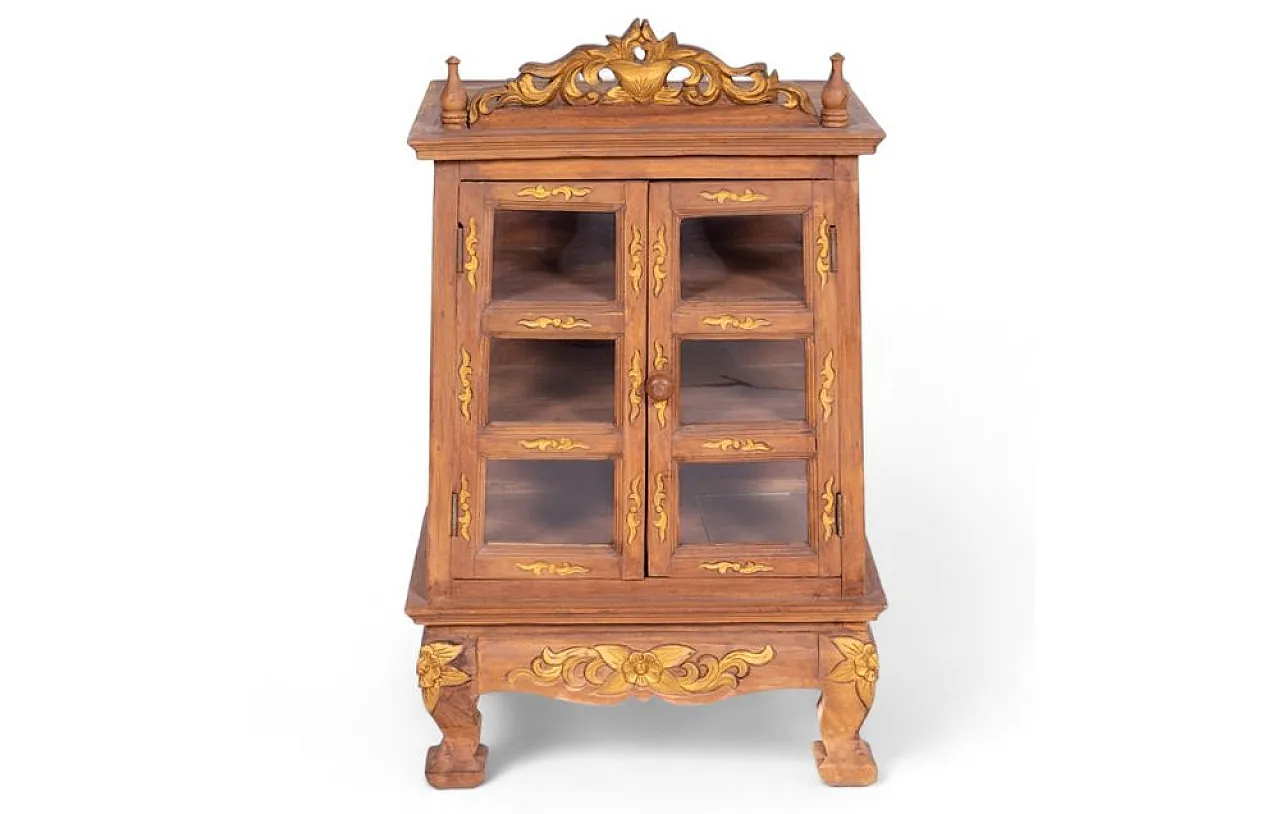 Acacia wood cabinet with golden decorations and carvings, 1950s 1