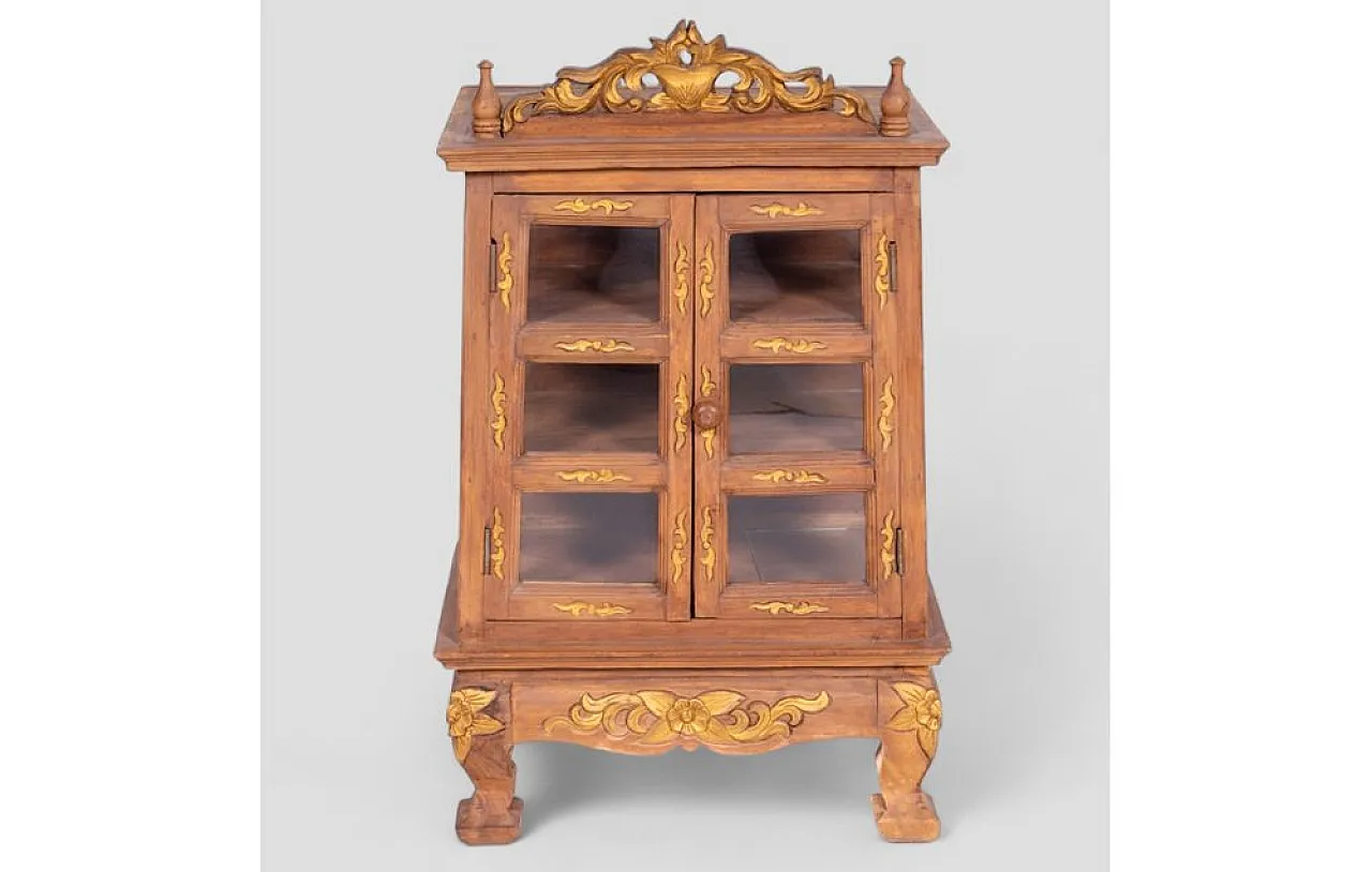 Acacia wood cabinet with golden decorations and carvings, 1950s 2