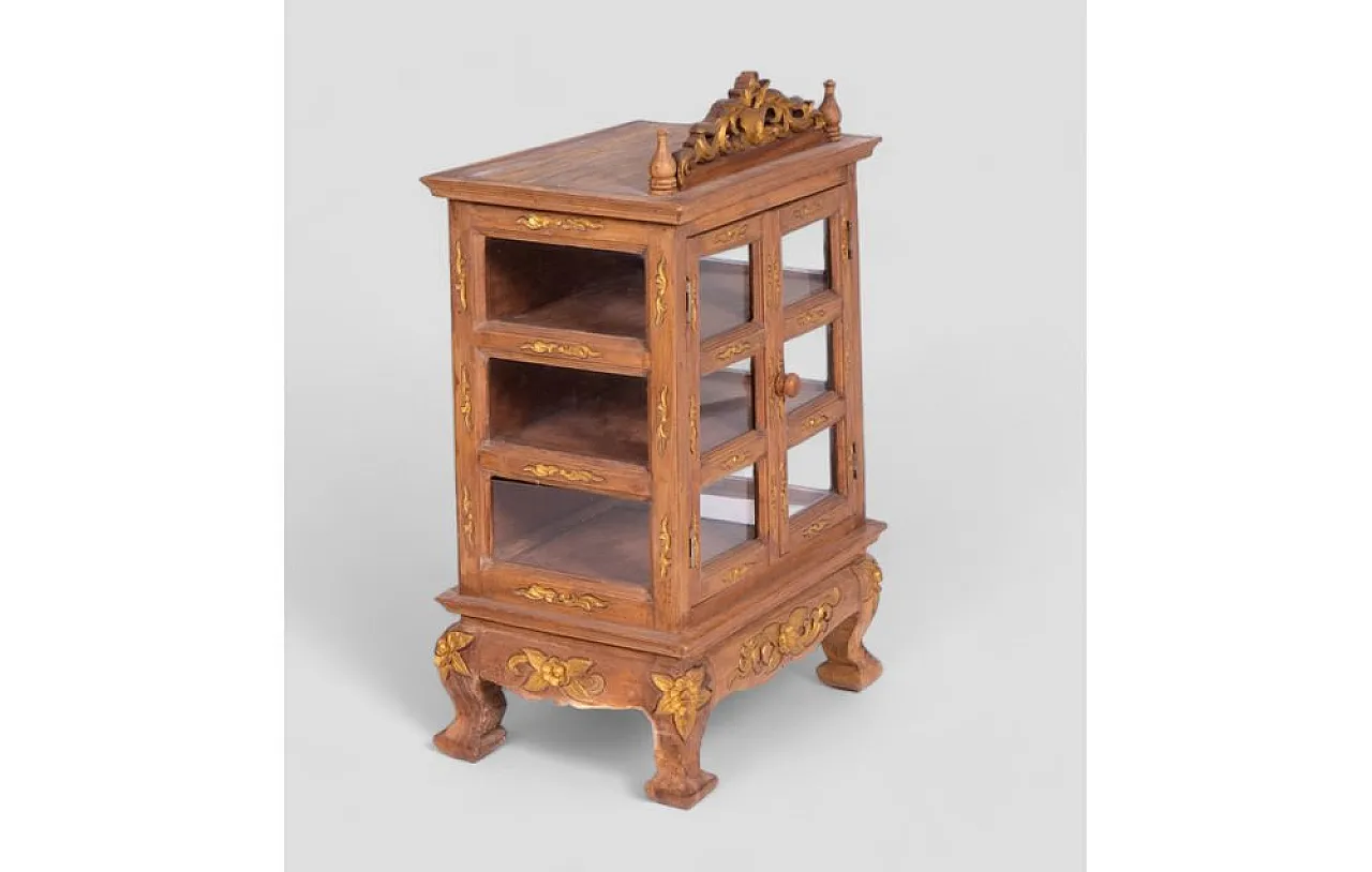 Acacia wood cabinet with golden decorations and carvings, 1950s 3