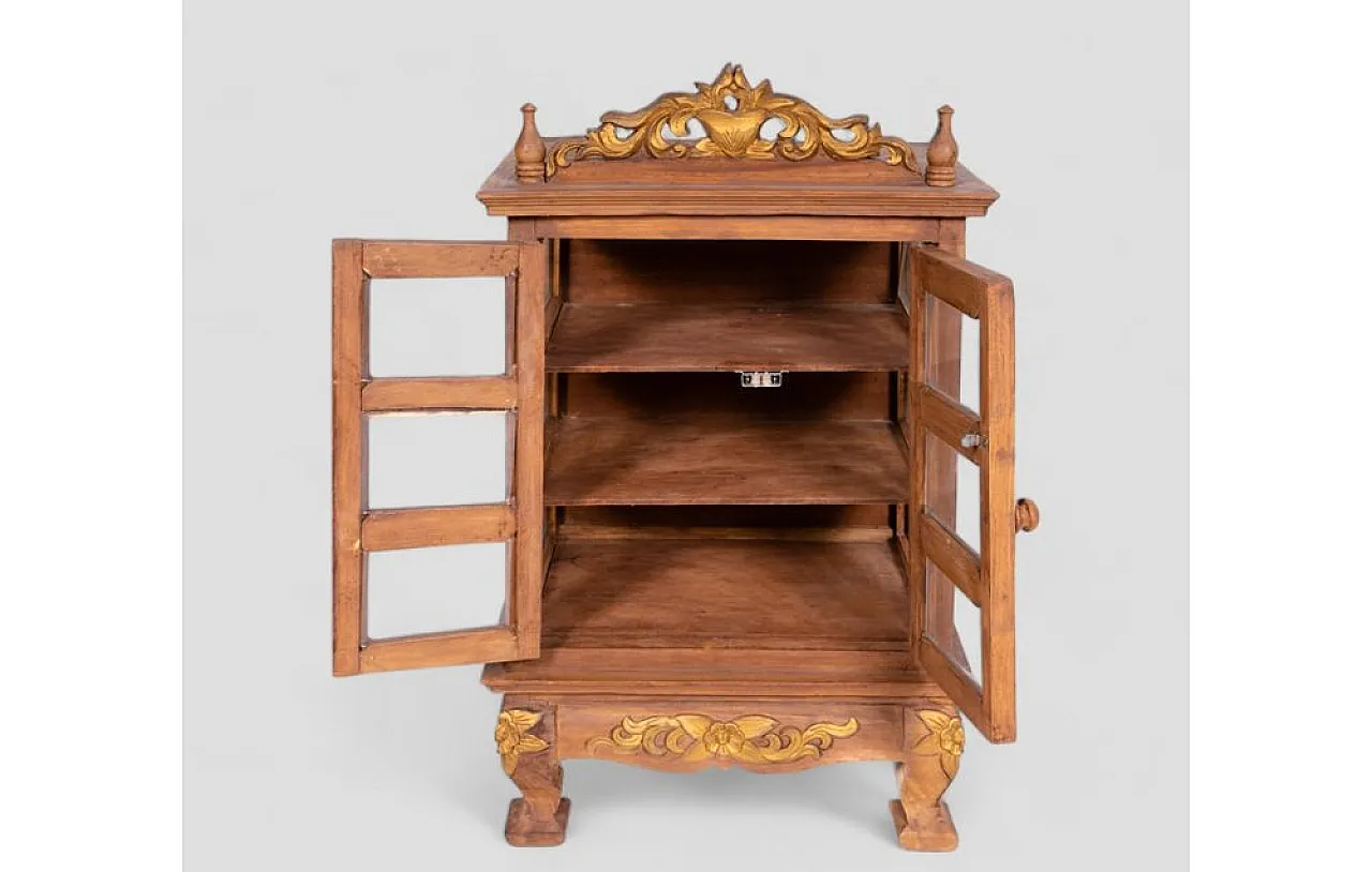 Acacia wood cabinet with golden decorations and carvings, 1950s 4