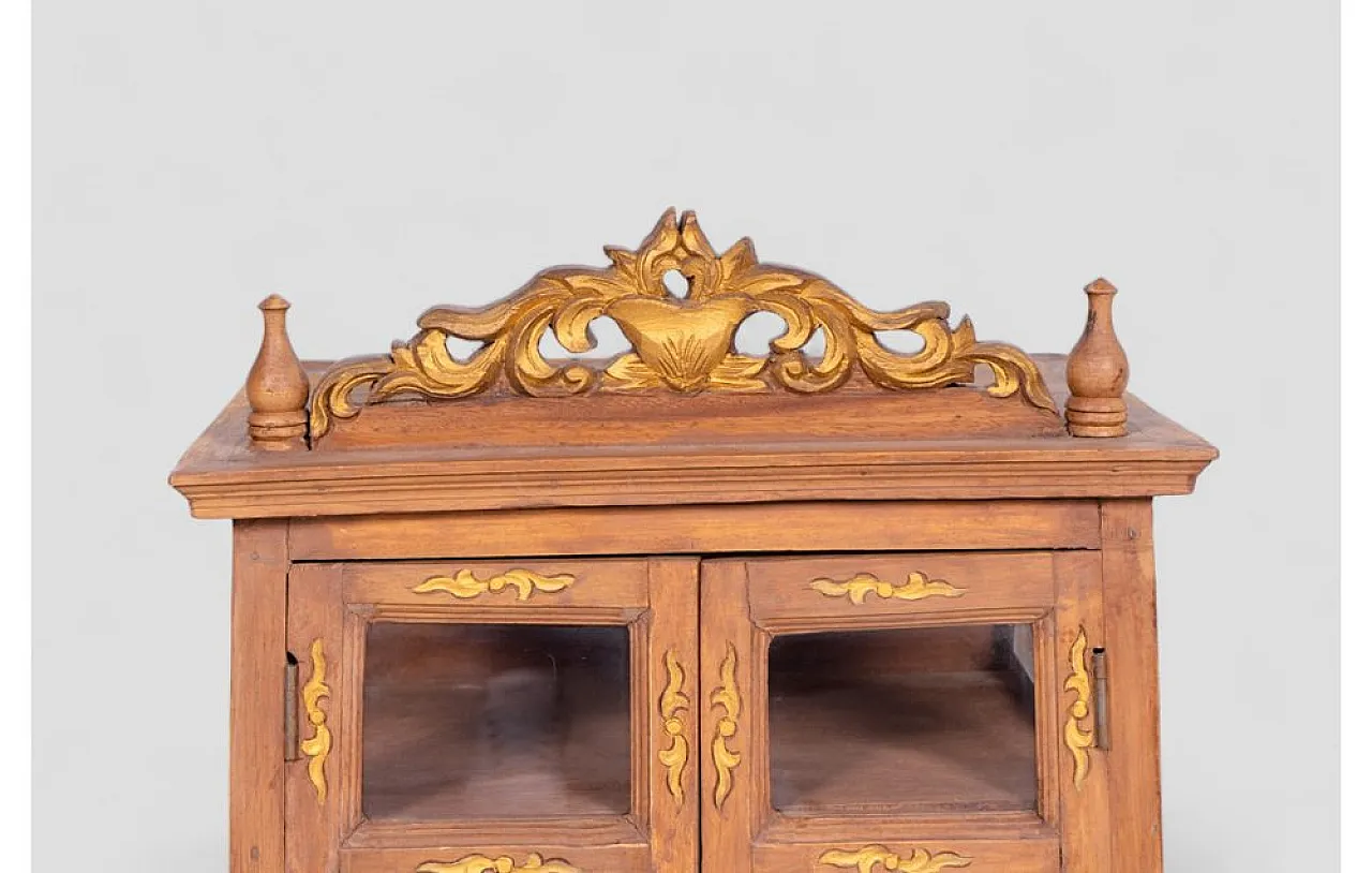 Acacia wood cabinet with golden decorations and carvings, 1950s 6