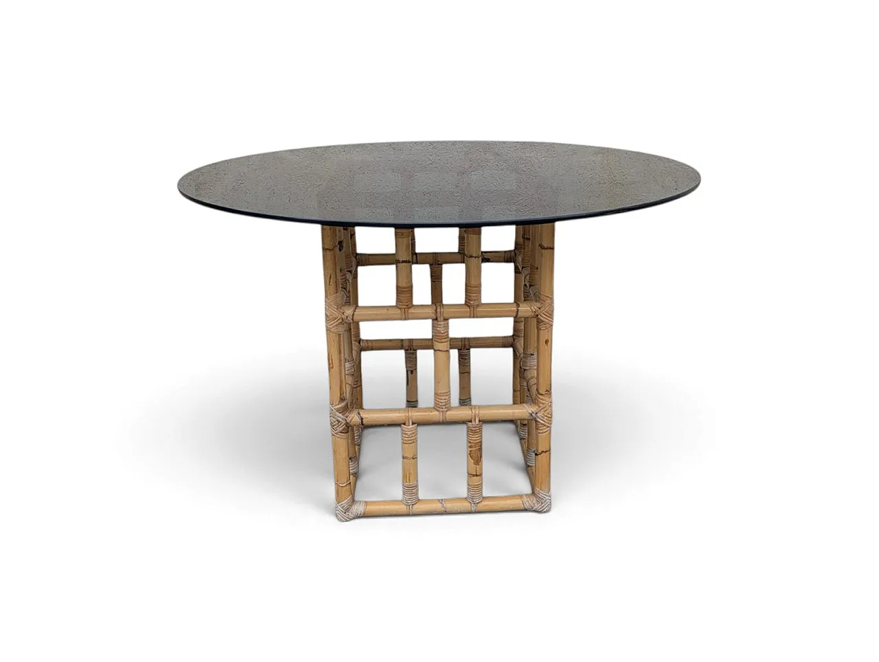 Table in wicker wood and smoked glass, 1970s 1