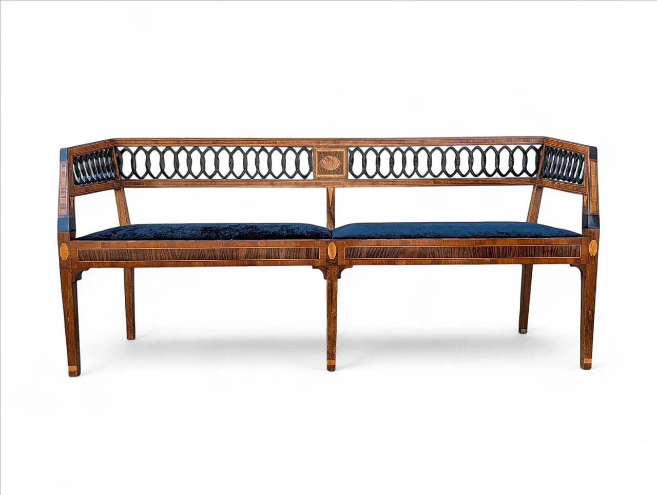 Neoclassical style walnut bench with maple inlays, 19th century 1