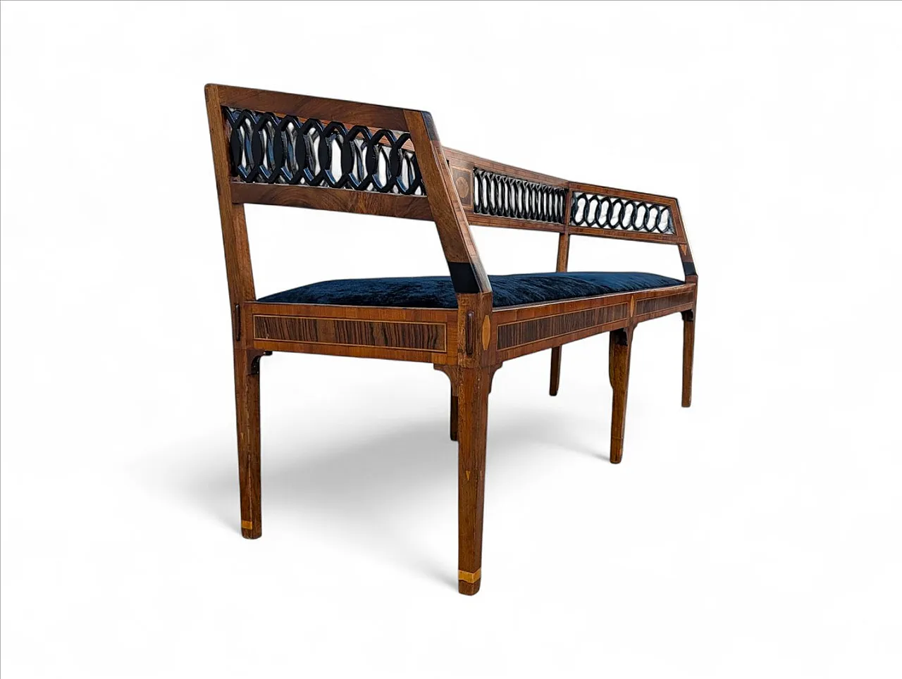 Neoclassical style walnut bench with maple inlays, 19th century 2