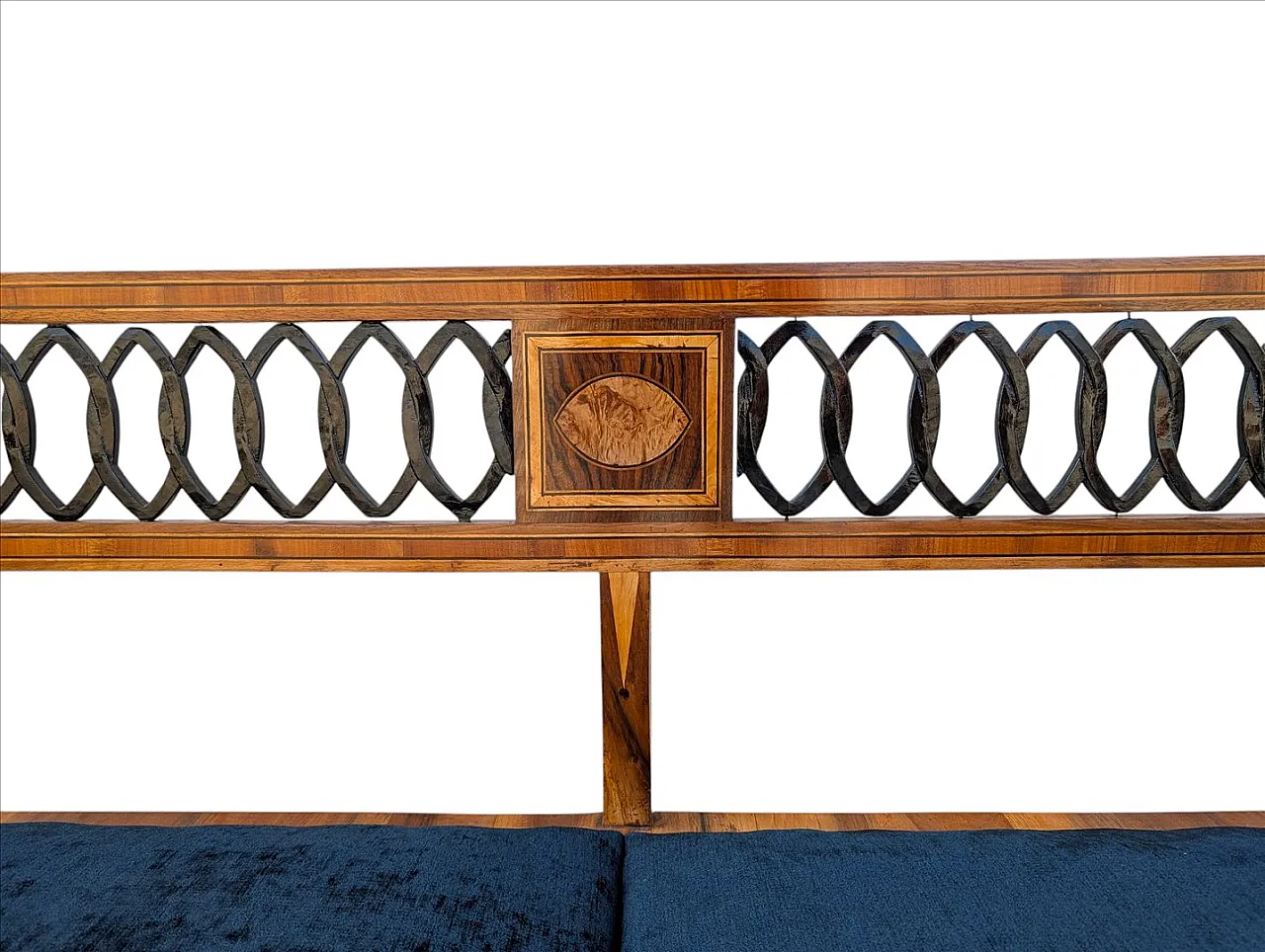 Neoclassical style walnut bench with maple inlays, 19th century 3