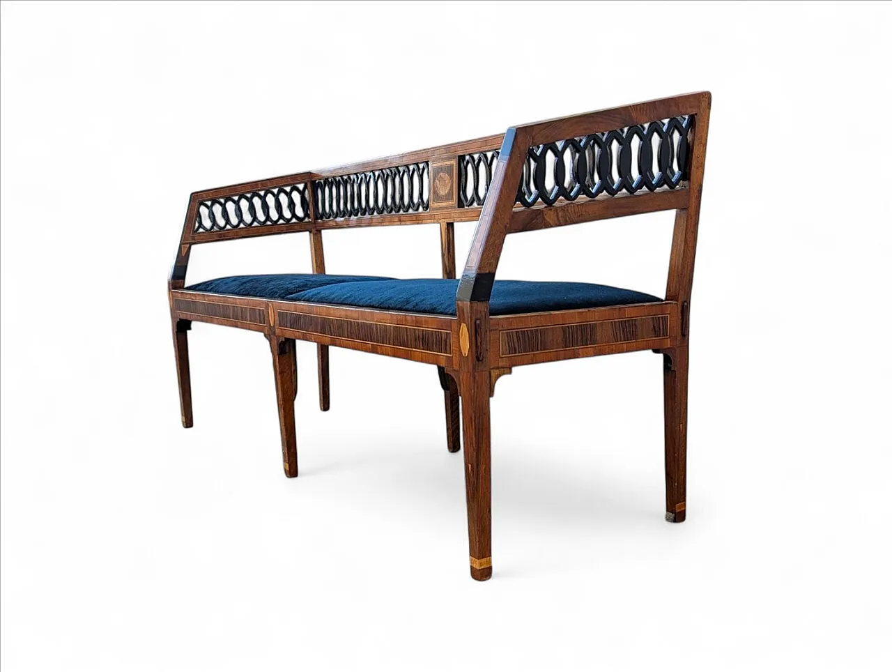 Neoclassical style walnut bench with maple inlays, 19th century 4