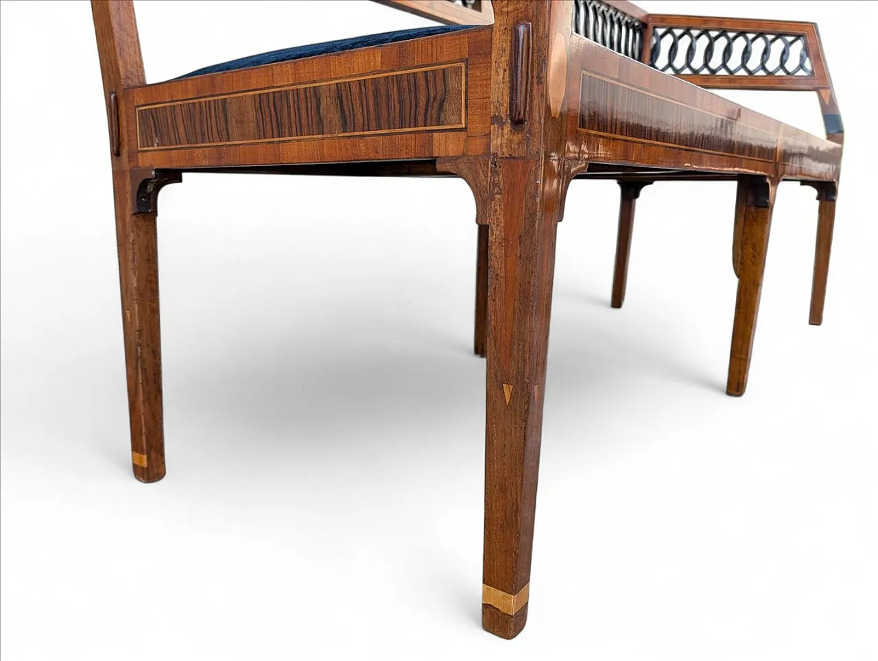 Neoclassical style walnut bench with maple inlays, 19th century 6