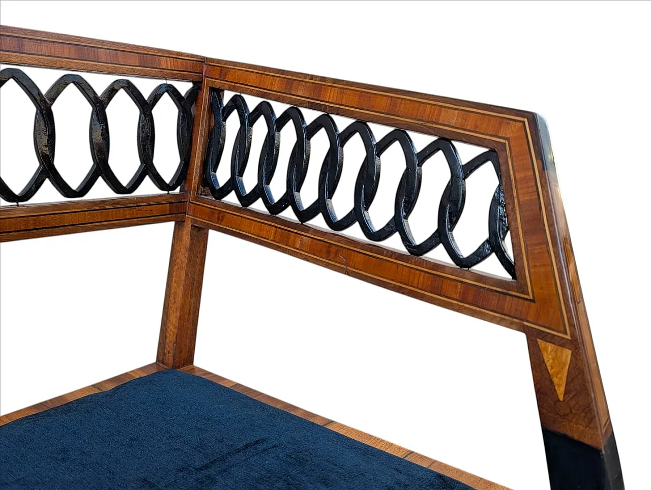 Neoclassical style walnut bench with maple inlays, 19th century 8