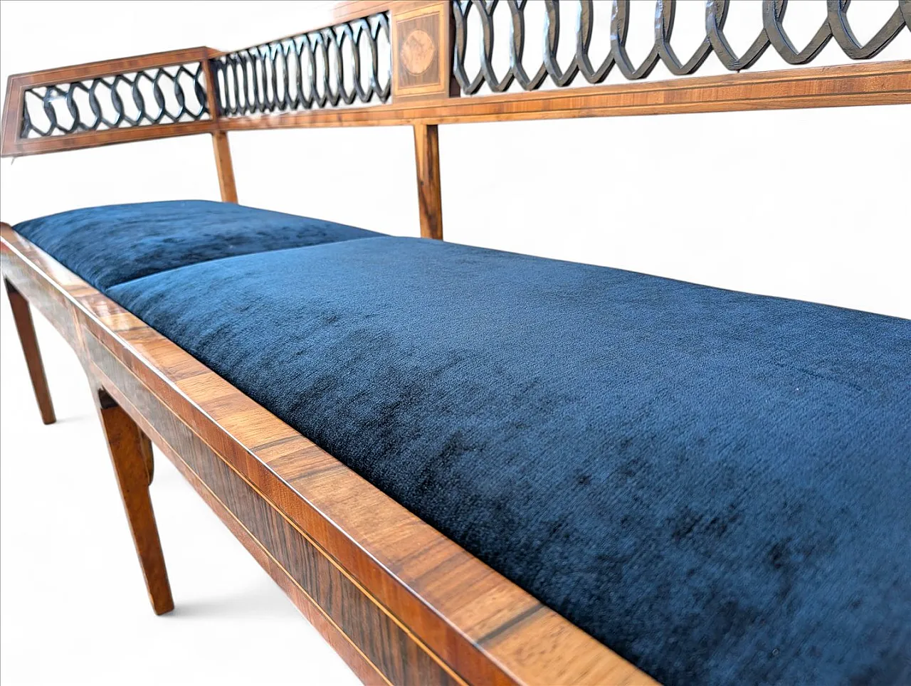 Neoclassical style walnut bench with maple inlays, 19th century 9