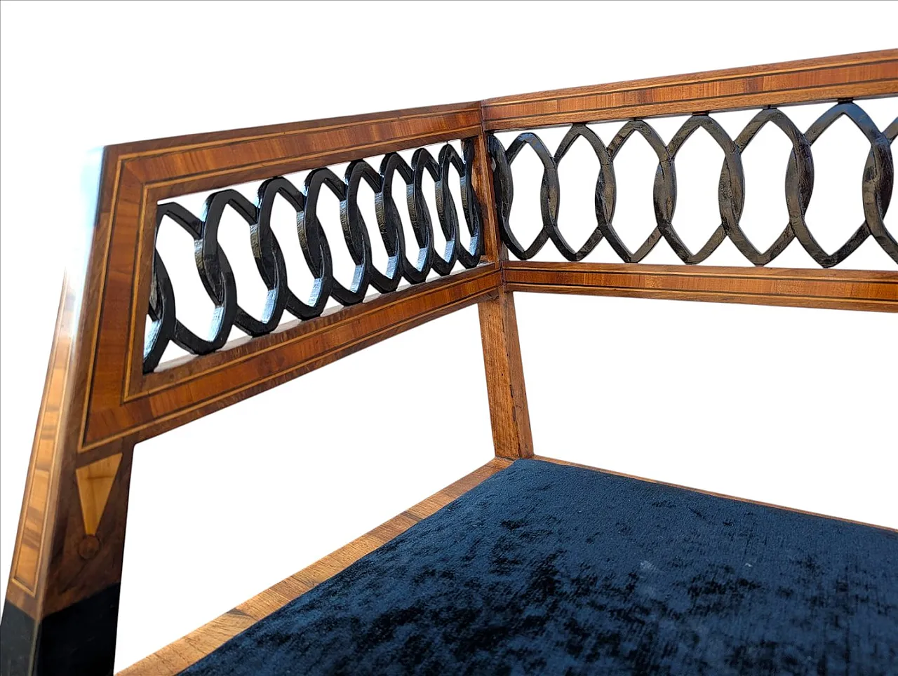 Neoclassical style walnut bench with maple inlays, 19th century 10