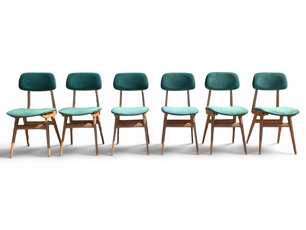 6 Chairs in maple wood and sea green velvet, 1950s 1
