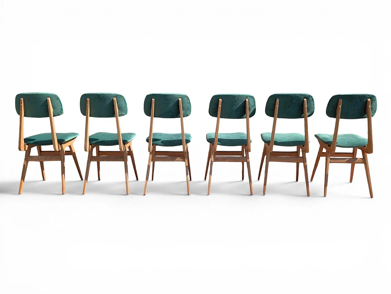 6 Chairs in maple wood and sea green velvet, 1950s 3