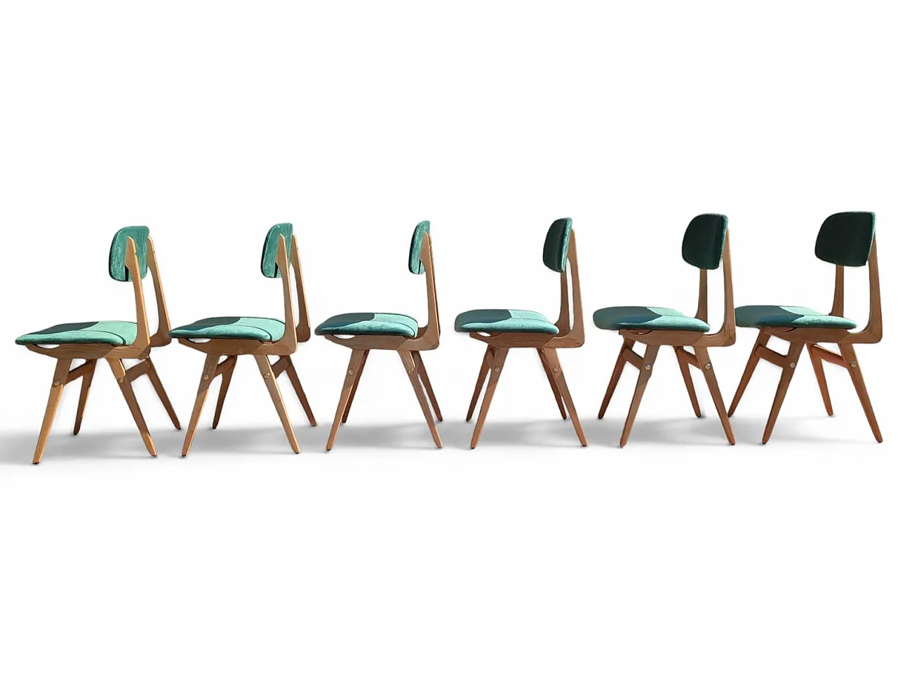6 Chairs in maple wood and sea green velvet, 1950s 4