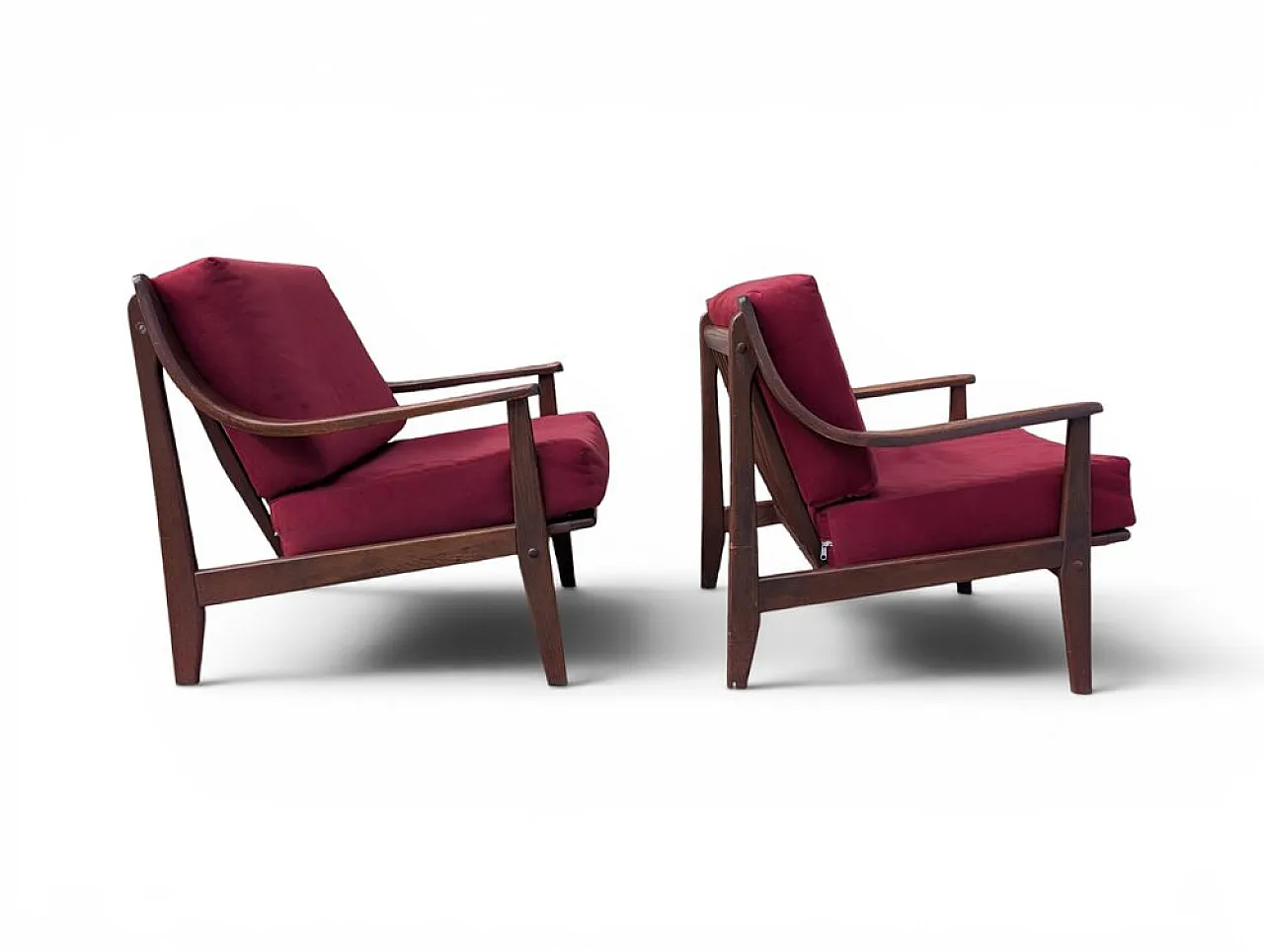 Pair of Mid-Century armchairs in wood and burgundy velvet, 1960s 2