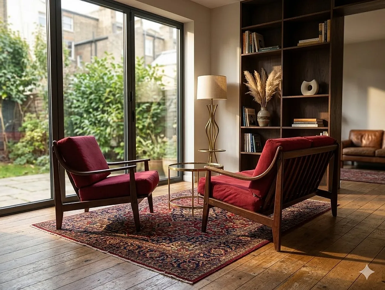 Pair of Mid-Century armchairs in wood and burgundy velvet, 1960s 9