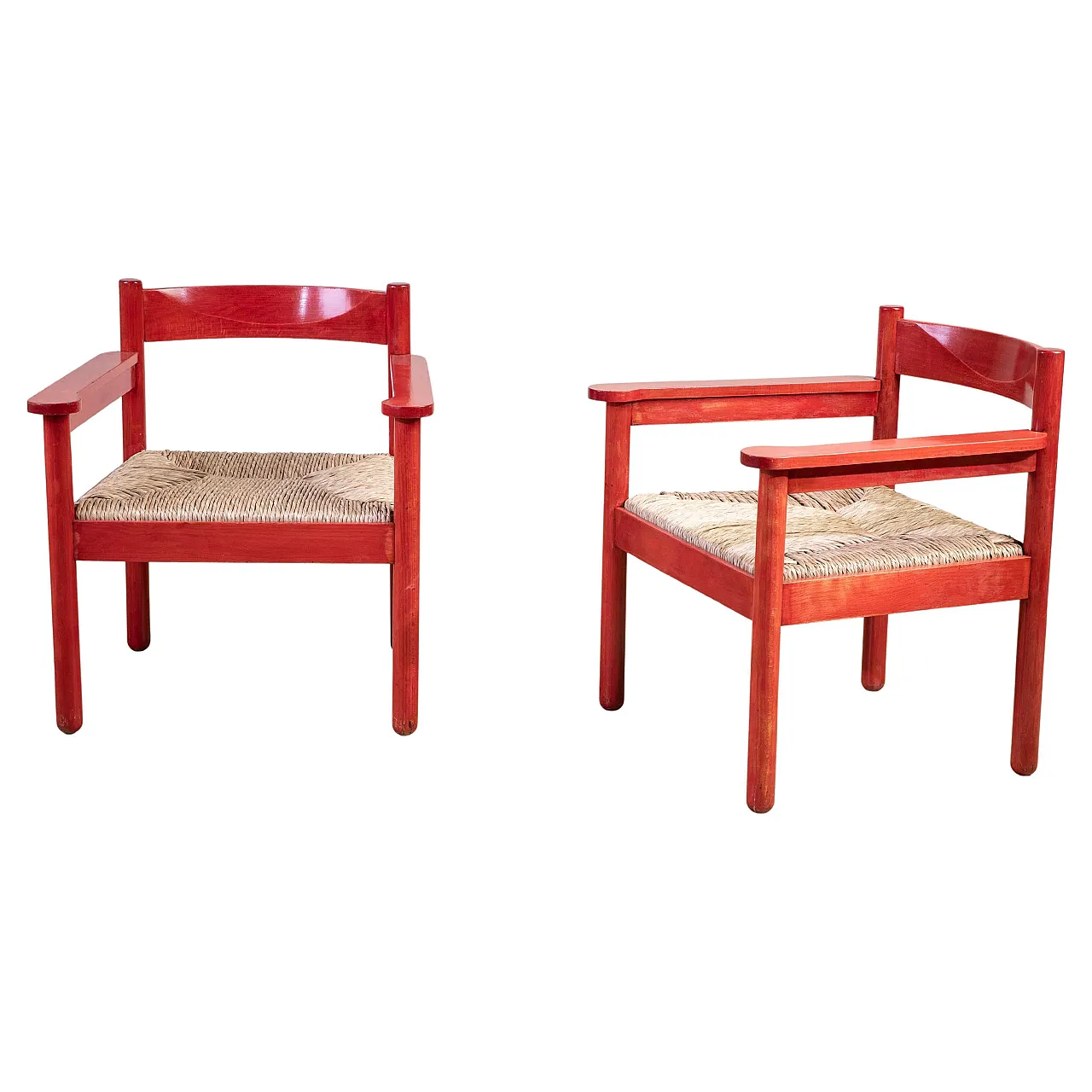 Pair of lacquered wood and straw armchairs, 1960s 1