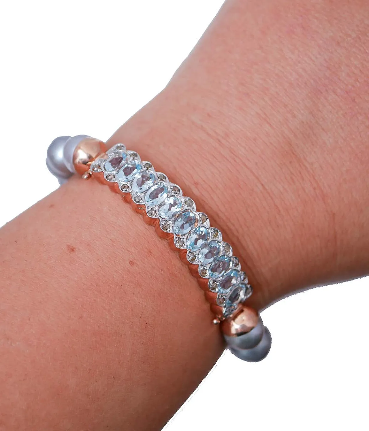 Bracciale con perle, topazio, diamanti, oro rosa e argento, anni '50 5