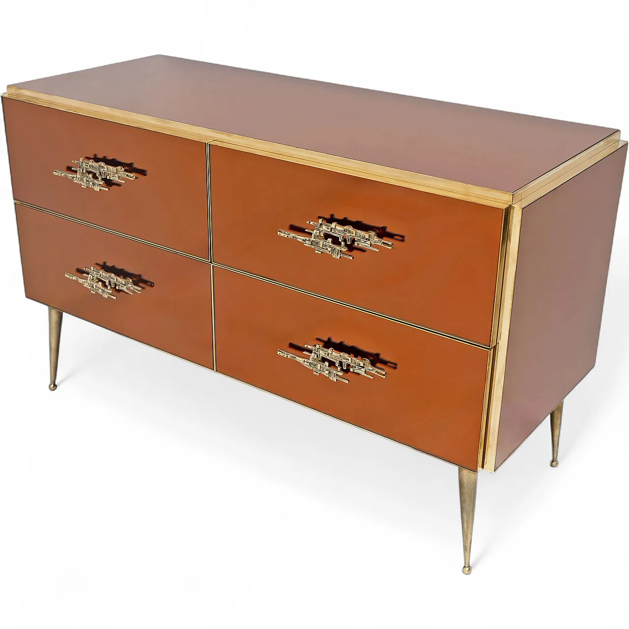 Amber mirrored chest of drawers with brass details, 2000s 8