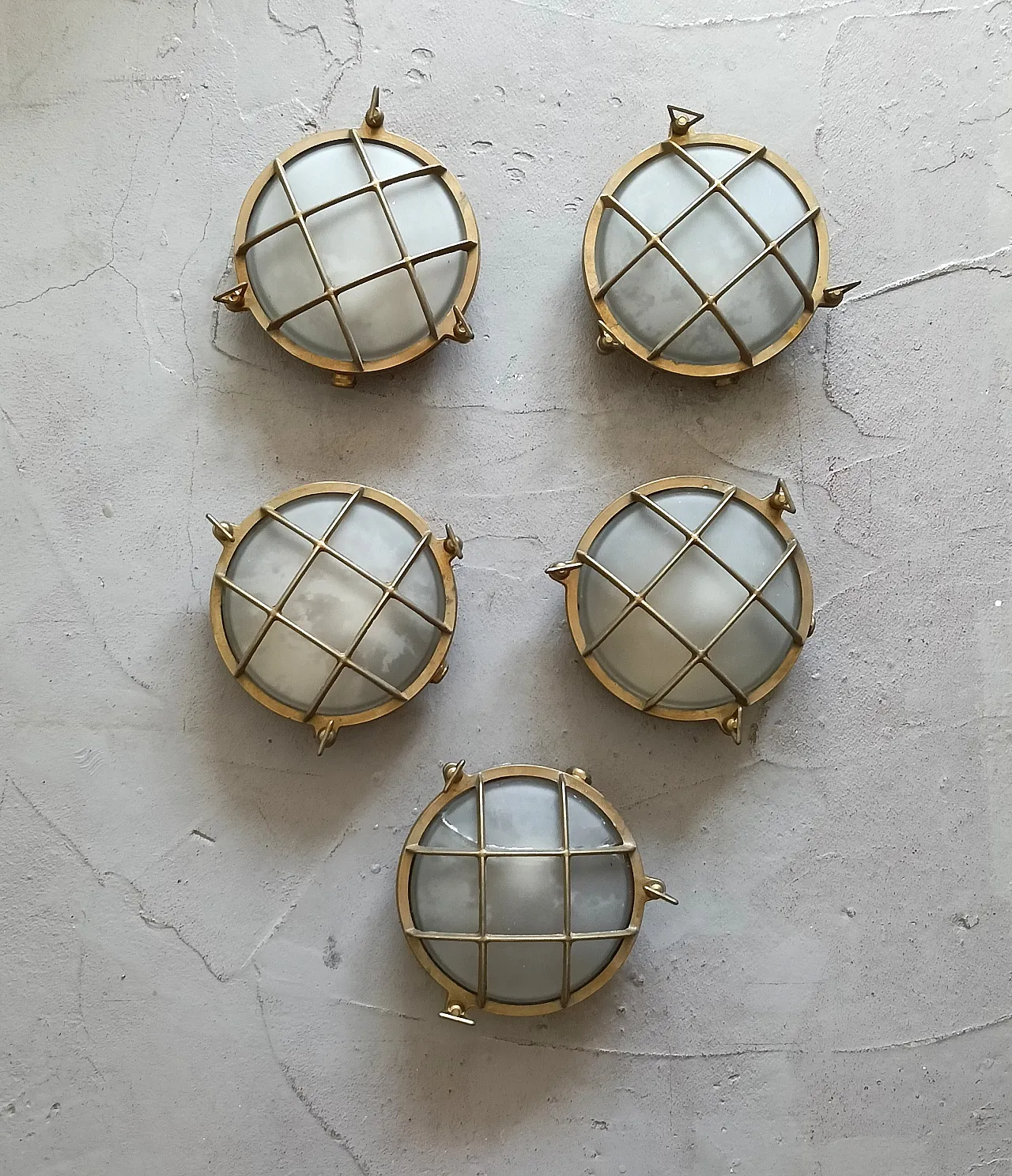 5 naval-style brass wall lamps, 1990s 2