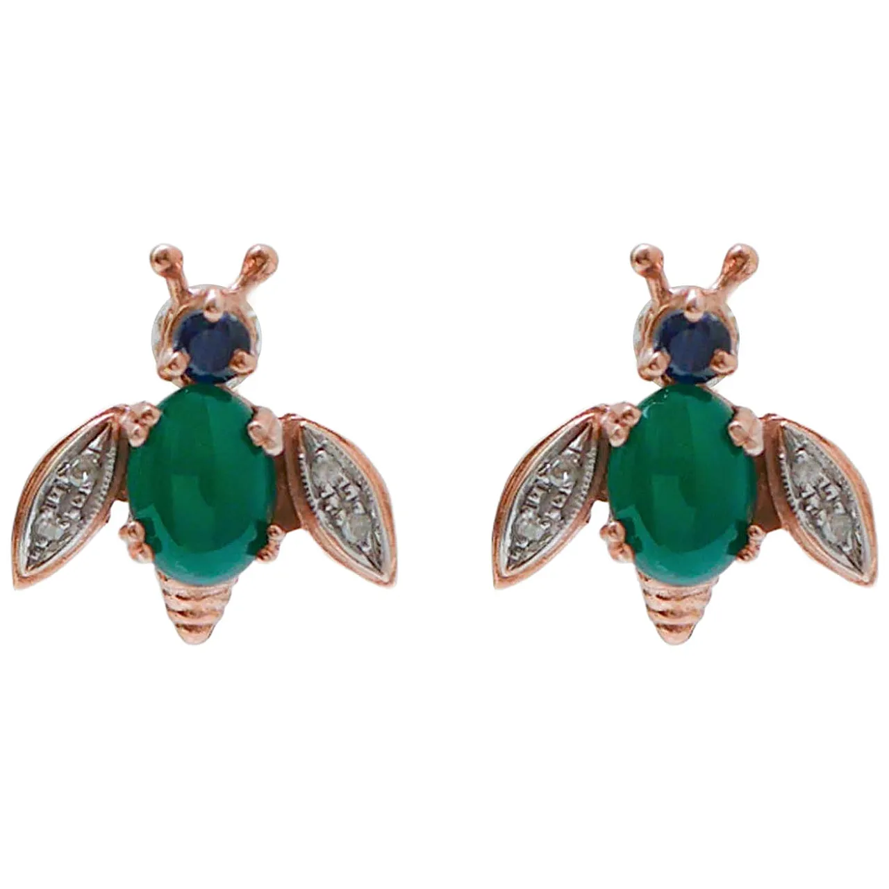 Orecchini con agata, zaffiri, diamanti, oro rosa e argento, anni '50 1