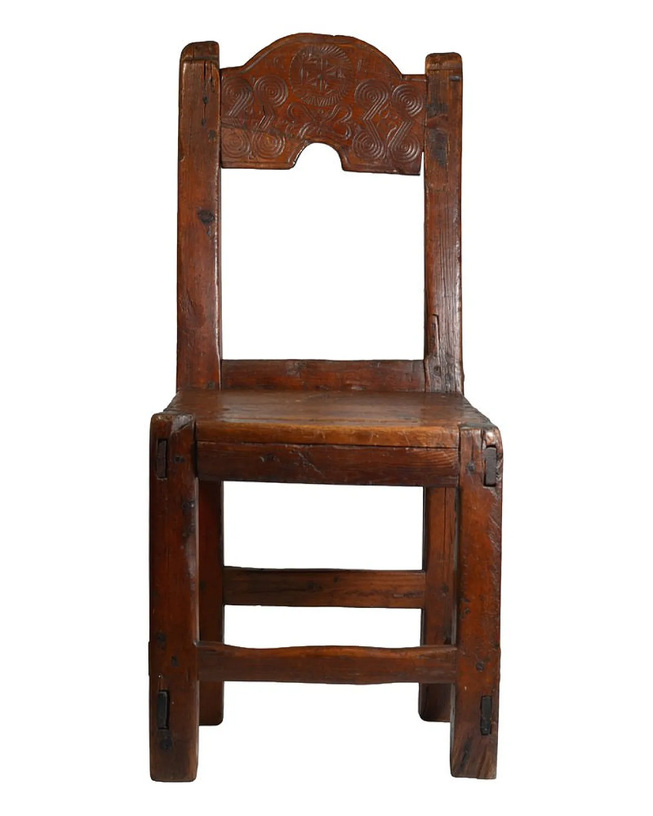 Folk Art Italian chair with carved backrest in wood, 19th century 2