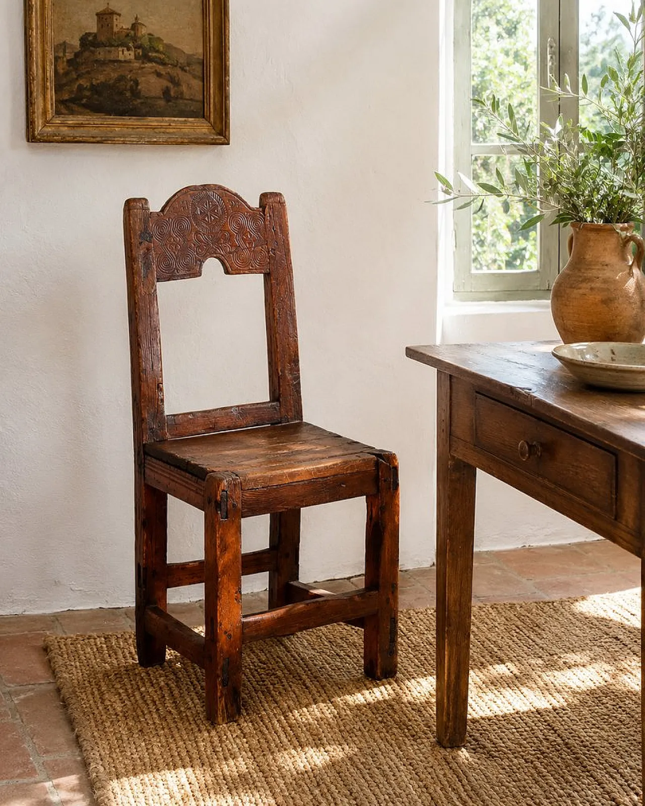 Folk Art Italian chair with carved backrest in wood, 19th century 9
