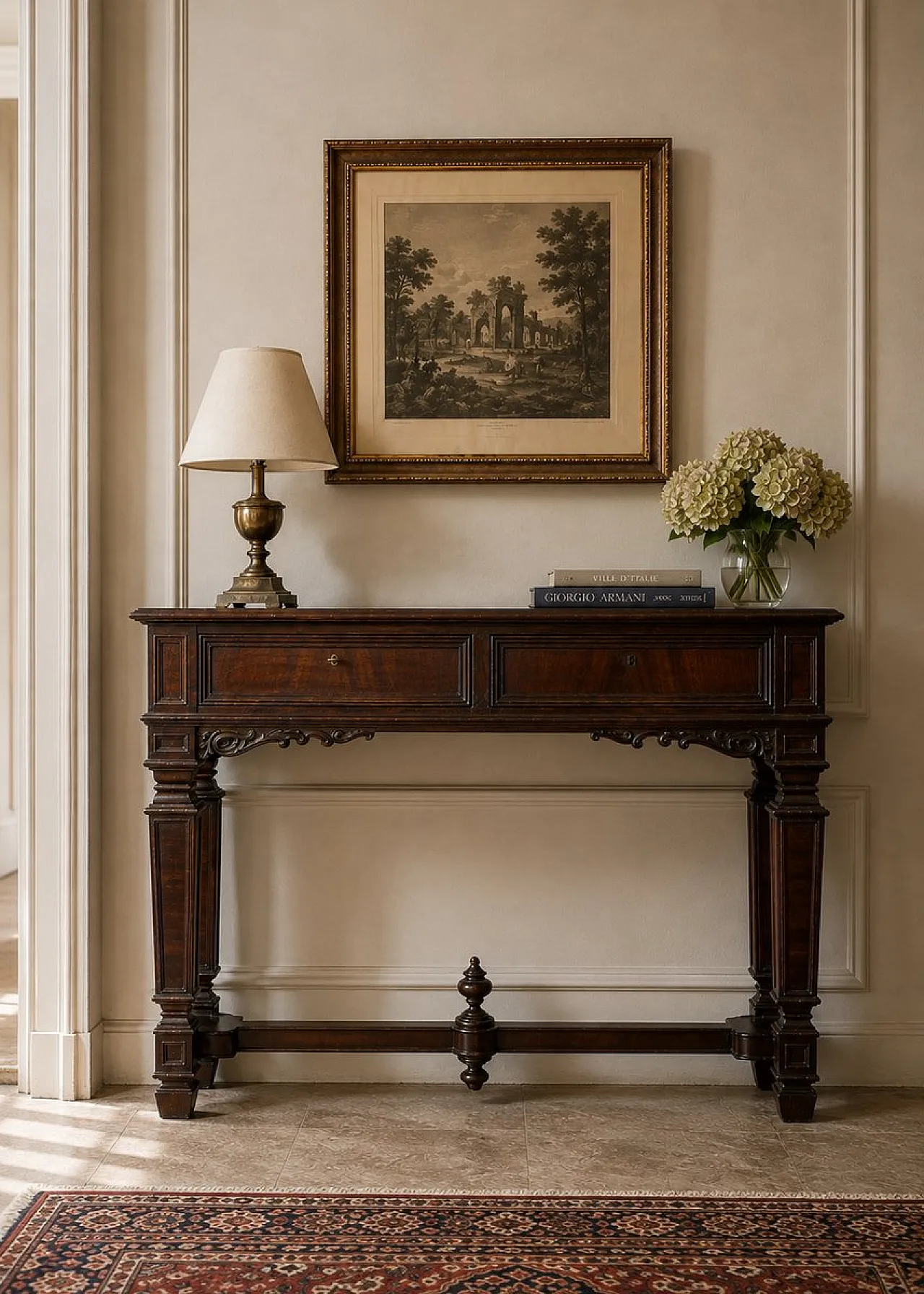 Mid-Century walnut and burl wood console table, 1950s 9