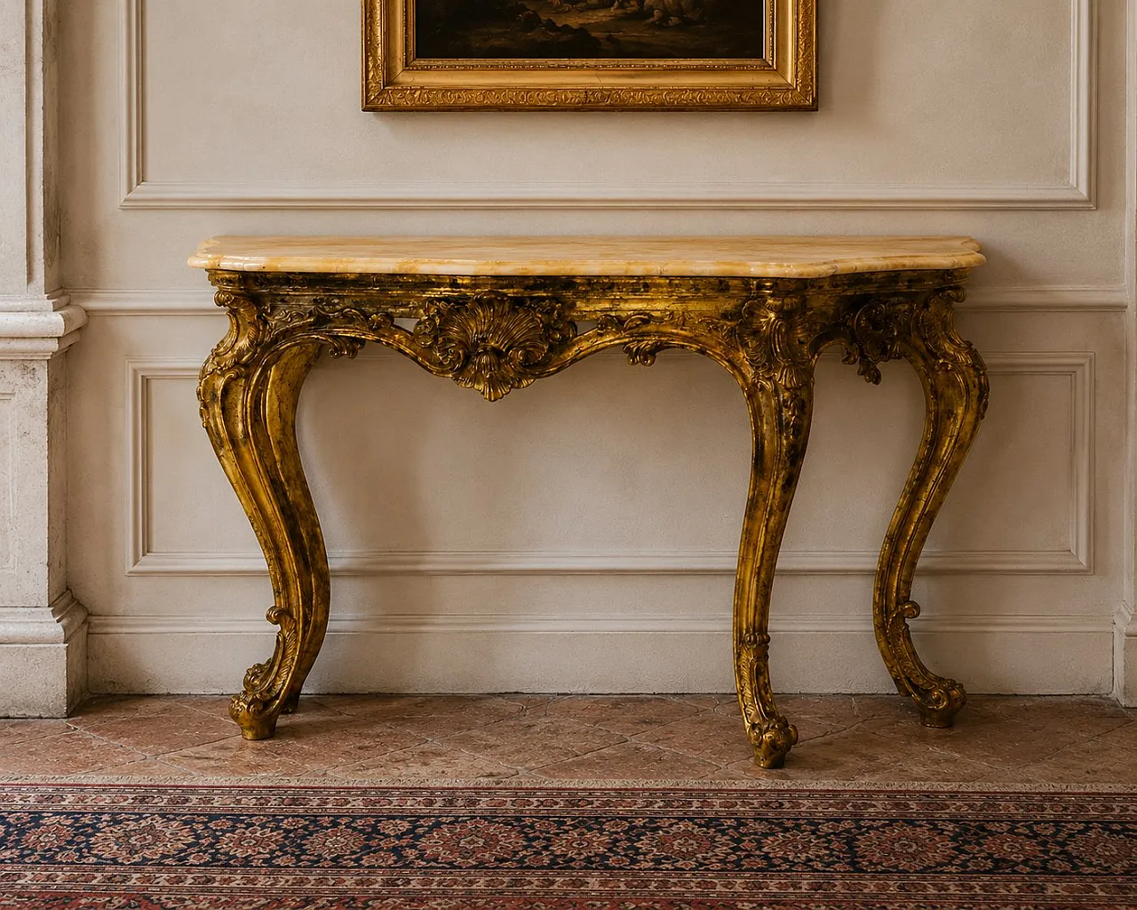 Louis XIV console in wood and Siena marble, 18th century 8