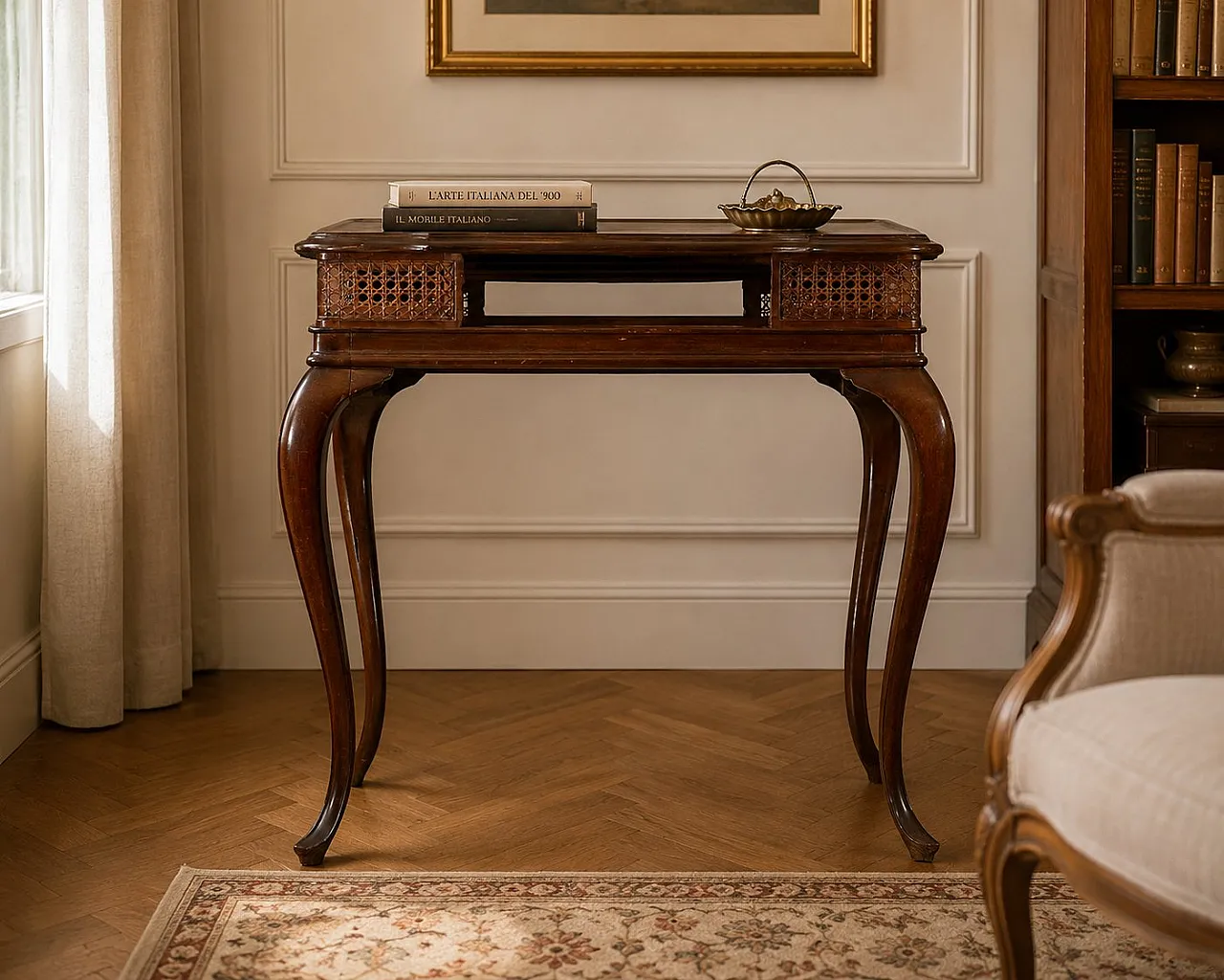 Walnut game table with woven cane inserts, 1920s 6