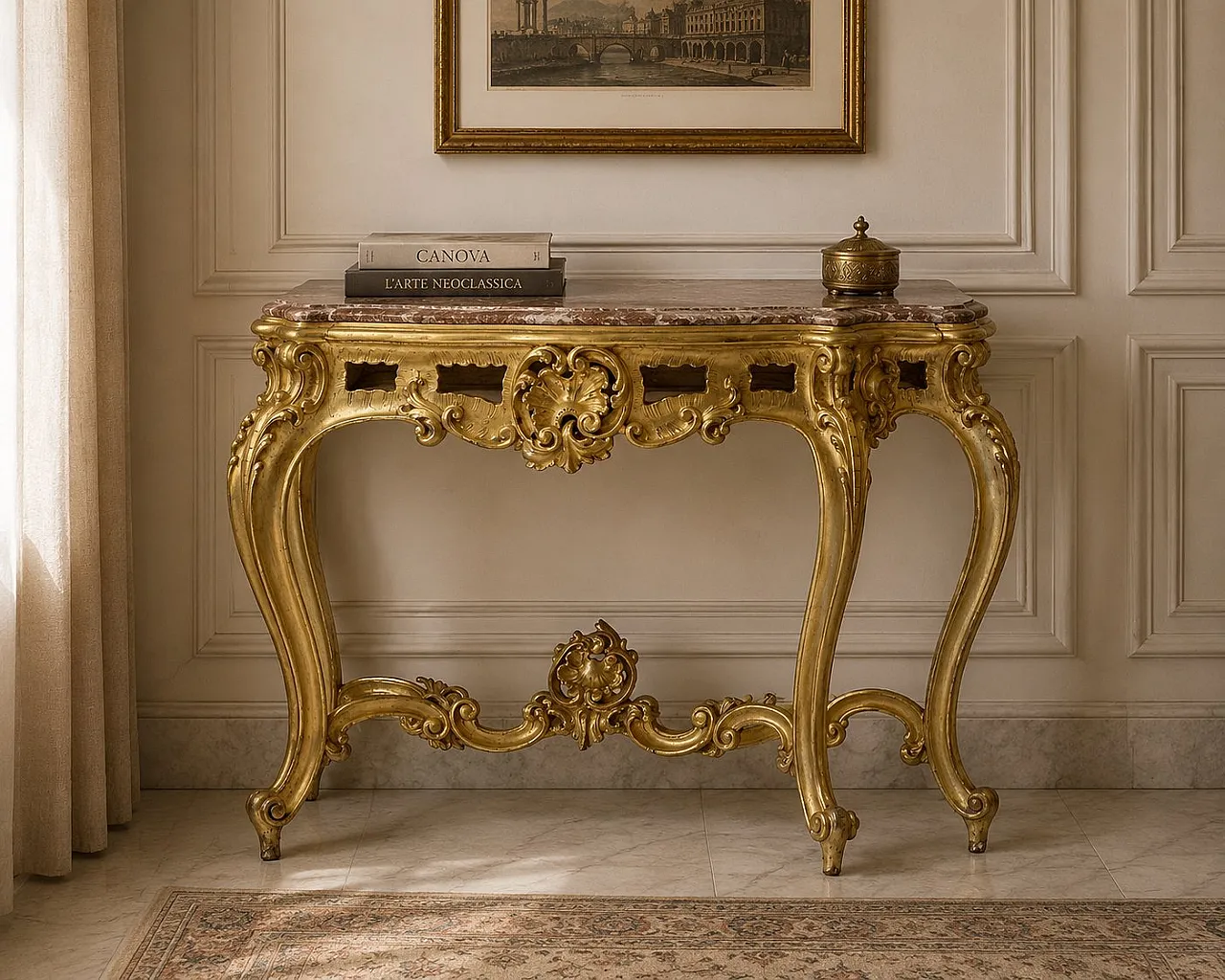 Louis Philippe giltwood table with red marble top, 19th century 13