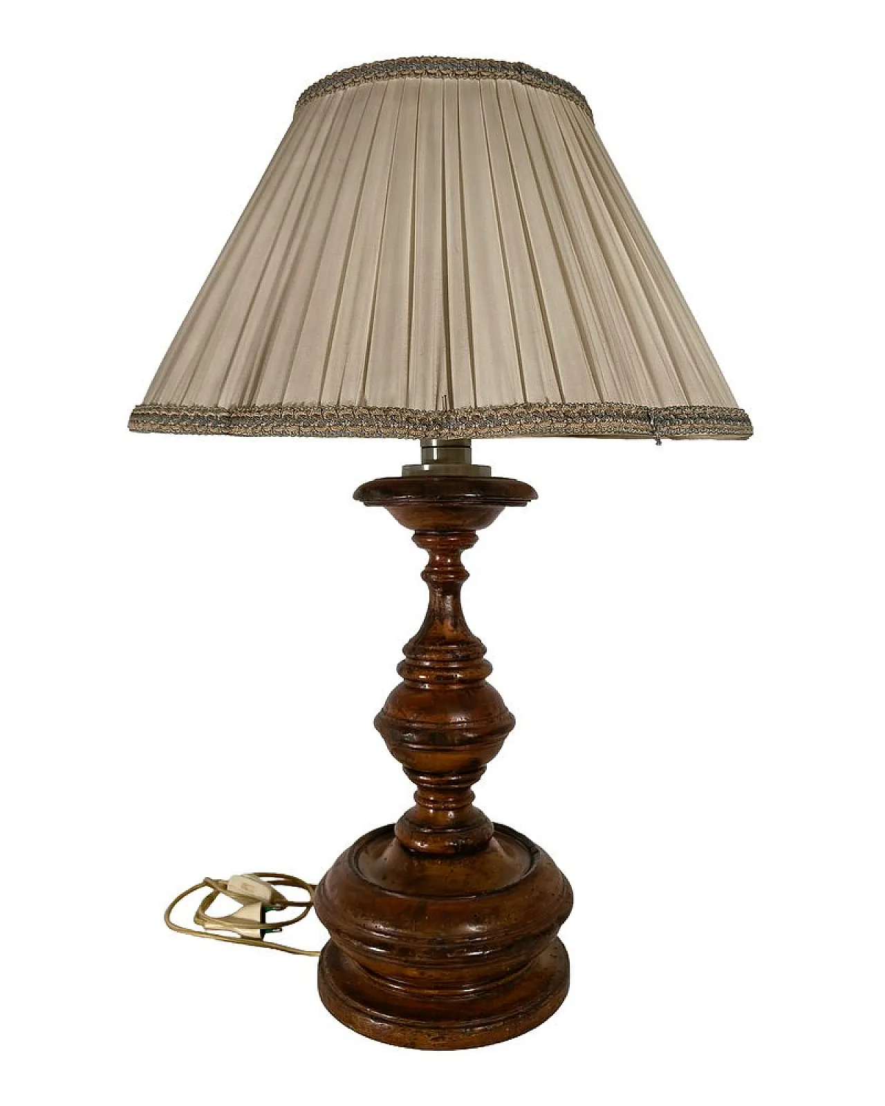 Turned wood table lamp with pleated lampshade, 1950s 1