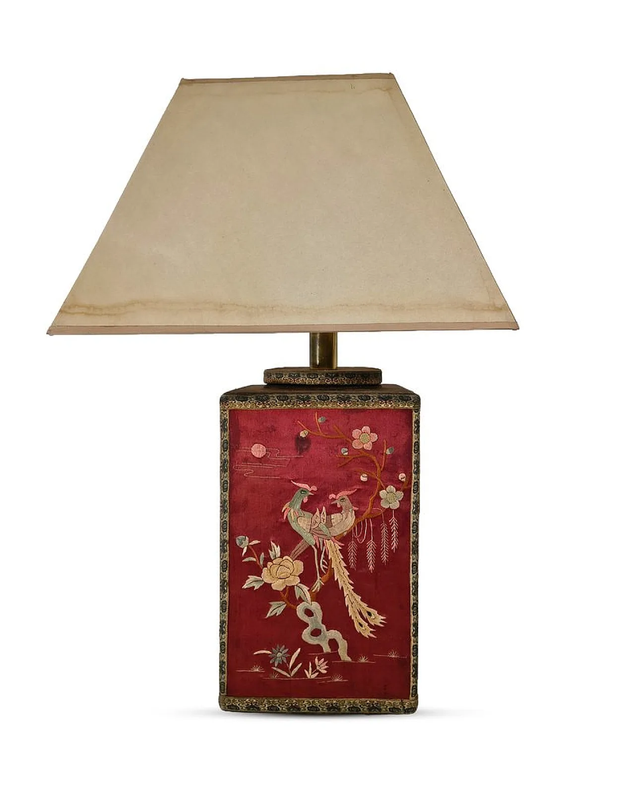 Oriental table lamp with embroidered silk panels, 1960s 1