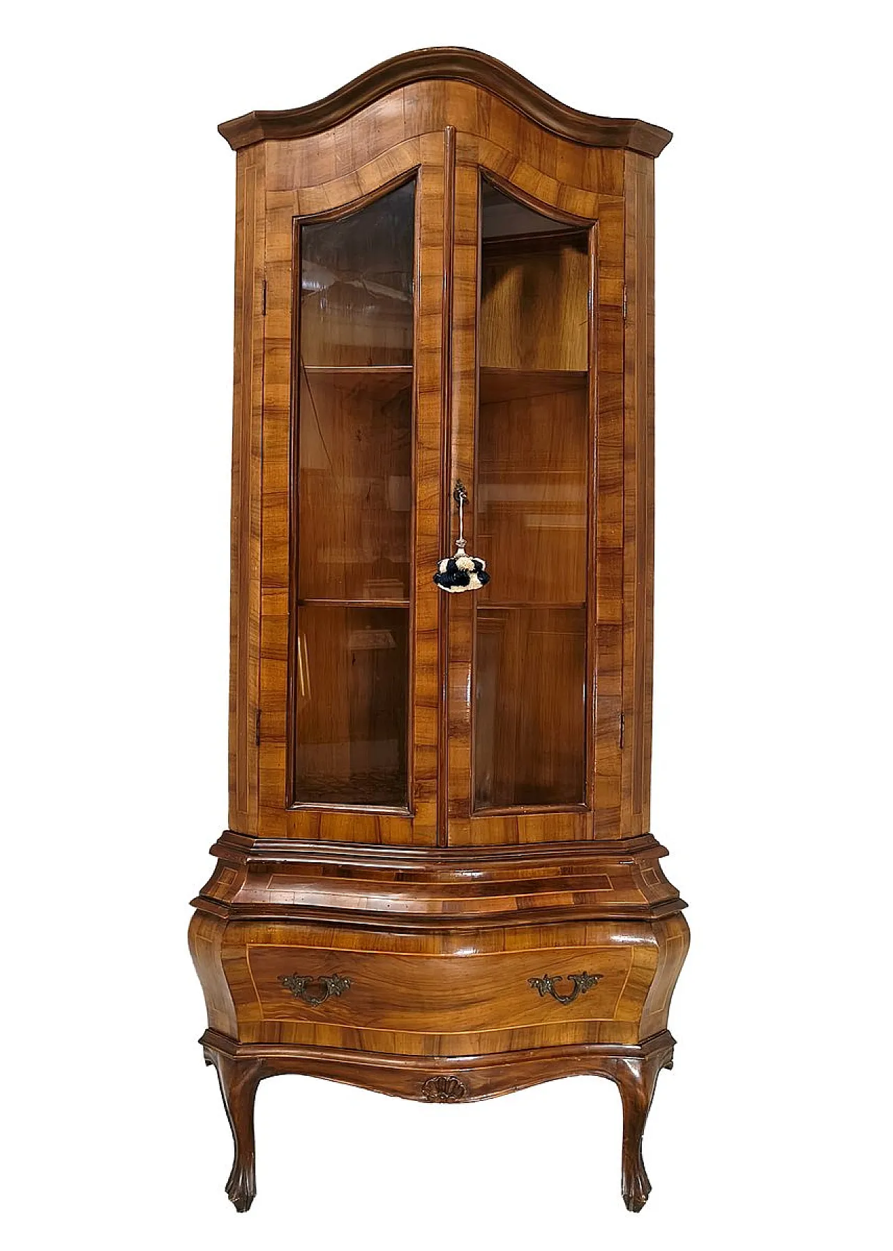 Walnut corner cabinet with inlaid wood and glass doors, 19th century 1