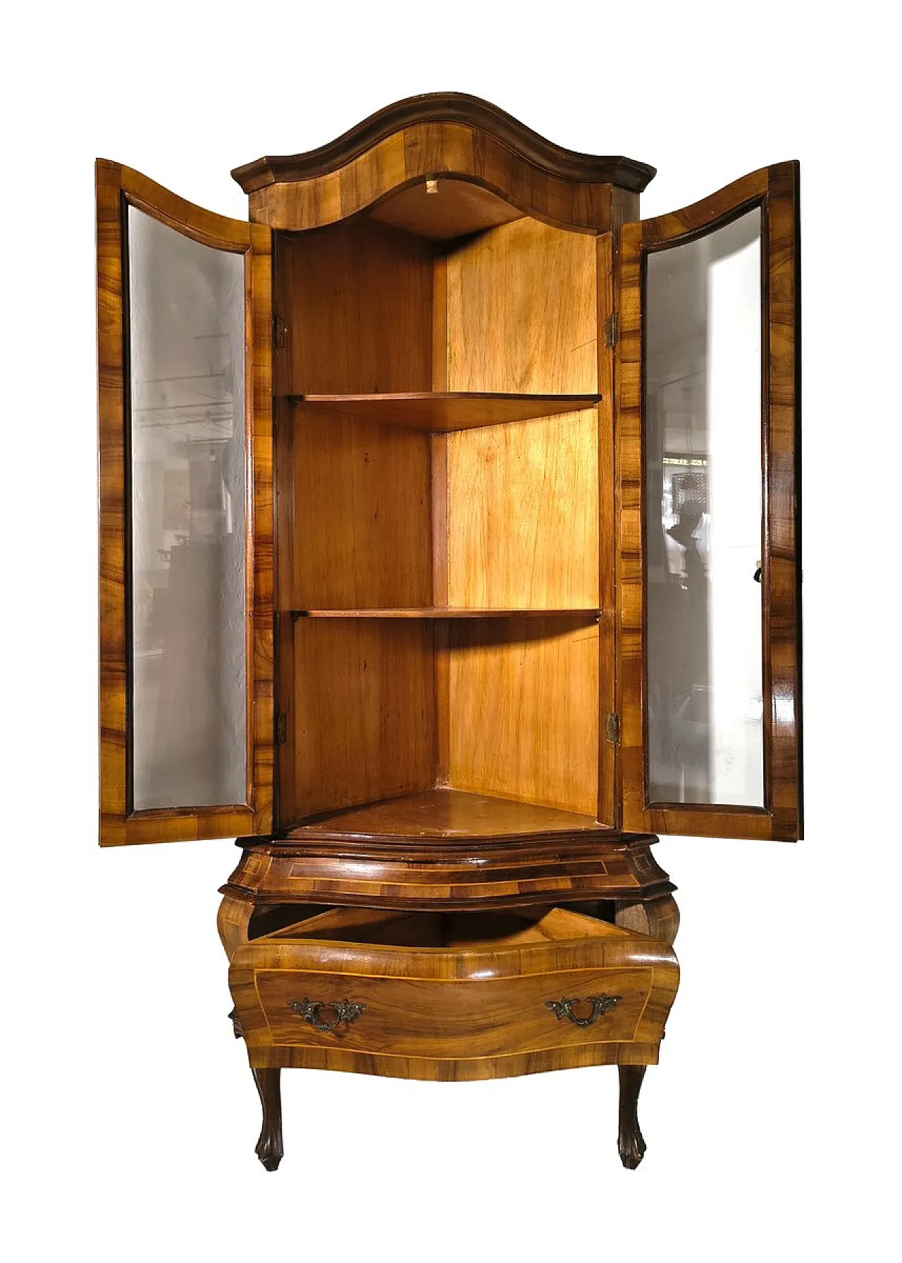 Walnut corner cabinet with inlaid wood and glass doors, 19th century 3