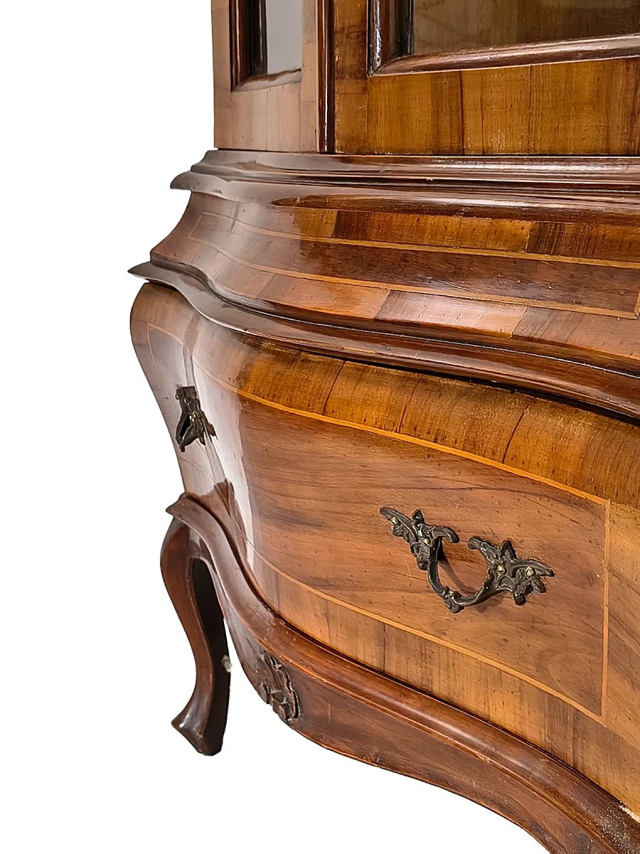 Walnut corner cabinet with inlaid wood and glass doors, 19th century 4