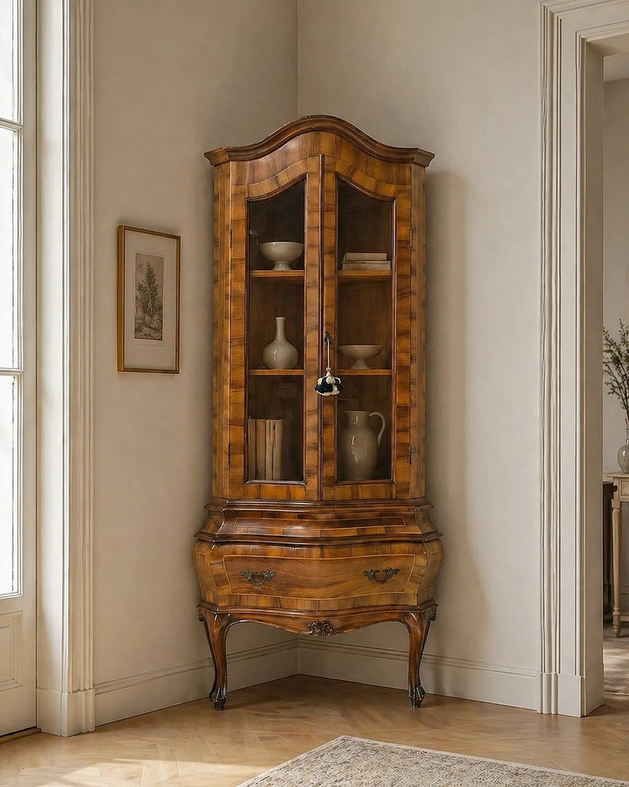 Walnut corner cabinet with inlaid wood and glass doors, 19th century 8