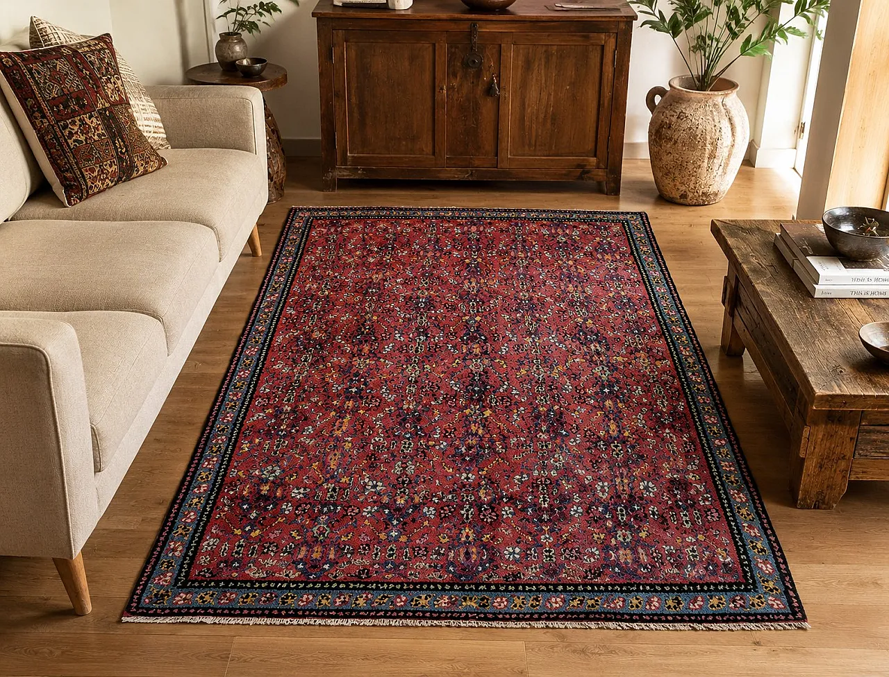 Middle Eastern hand-knotted wool rug with red floral, 1950s 2
