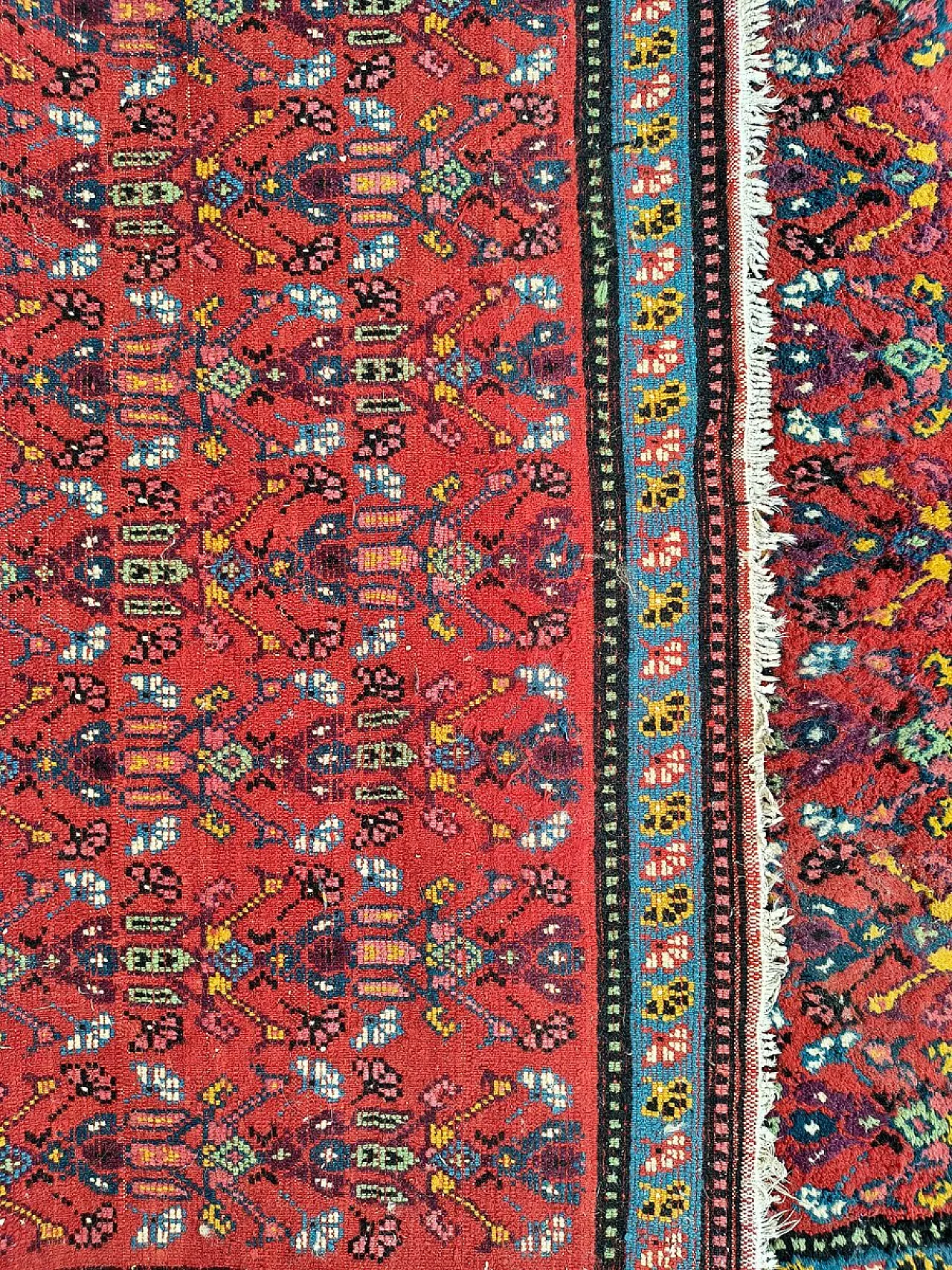 Middle Eastern hand-knotted wool rug with red floral, 1950s 6