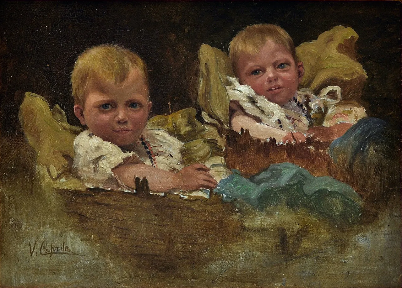 Vincenzo Caprile, Bambini, olio su tavola con cornice, fine '800 2