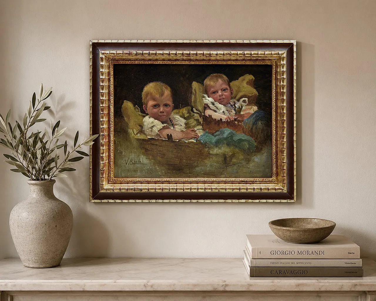 Vincenzo Caprile, Bambini, olio su tavola con cornice, fine '800 5