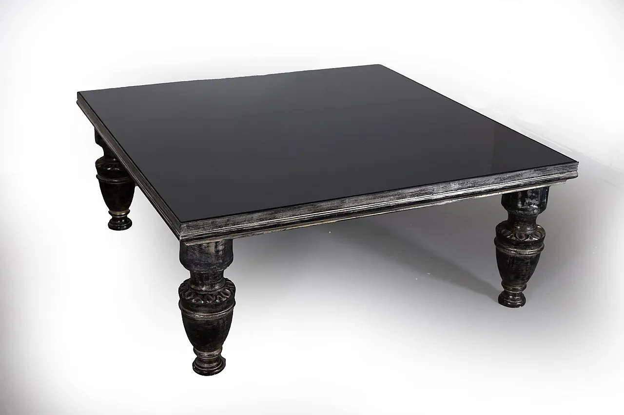 Patinated wooden coffee table with glass top, late 20th century 1
